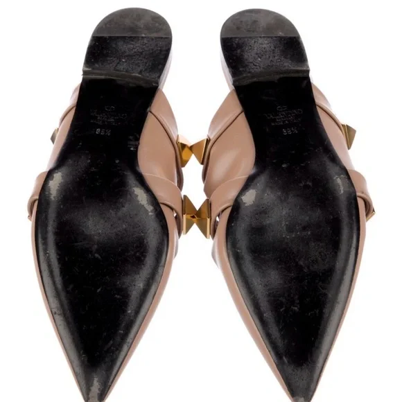 Valentino Rockstud Pointed Toe Mules in Nude with Gold Hardware